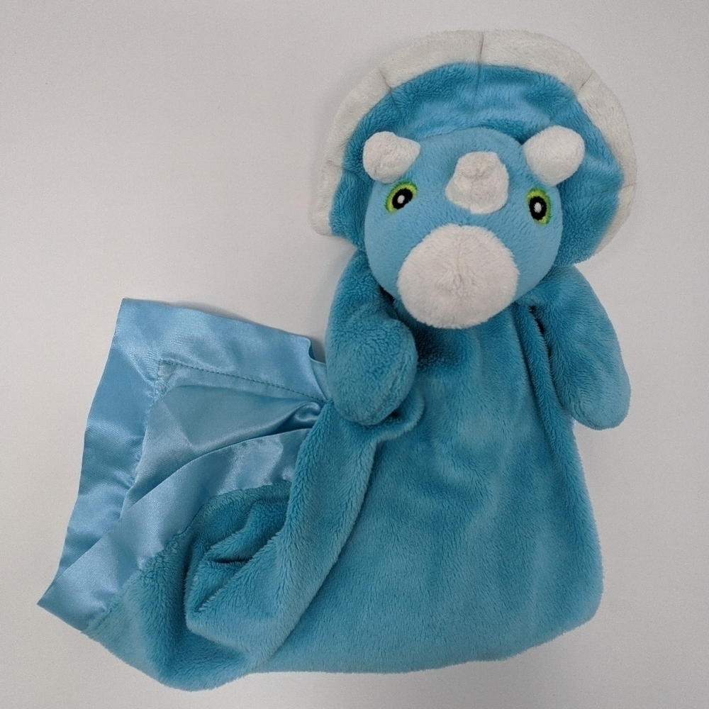 𝅺WISHPETS Dino Lovey Dinosaur 2008 Baby Security Blanket Plush Blue Satin Back